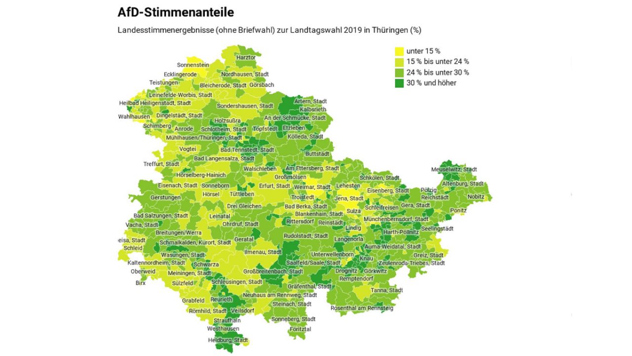 Thüringen-Karte mit AfD-Stimmanteilen