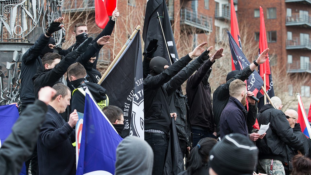 Newcastle, 2015: Members of National Action at a far-right "White Man March" showing the Hitler salute