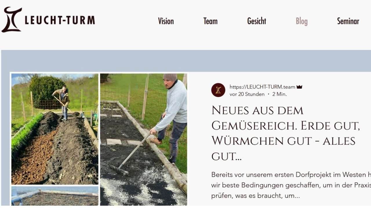 Screenshot der Website "Leucht-Turm", darauf ein Blog-Eintrag über Gemüseanbau im "Dorfprojekt im Westen".