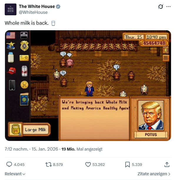 Im Januar veröffentlichte der offizielle X-Account des Weißen Hauses ein pixeliges Stardew-Valley-Bild mit Donald Trump als Spielfigur