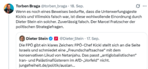 AfD-Funktionär Torben Braga attackiert auf X Junge-Freiheit-Chefredakteur Dieter Stein für dessen wohlwollende Einordnung des FPÖ-Likud-Pakts. (Quelle X)